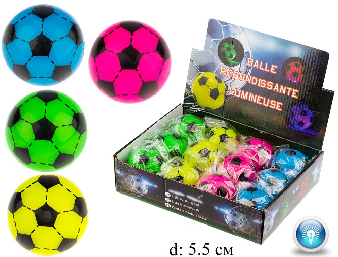 Мяч прыгун футбол. светящ. неон.в диспл.12 шт,4 цвета,диаметр 5,5см