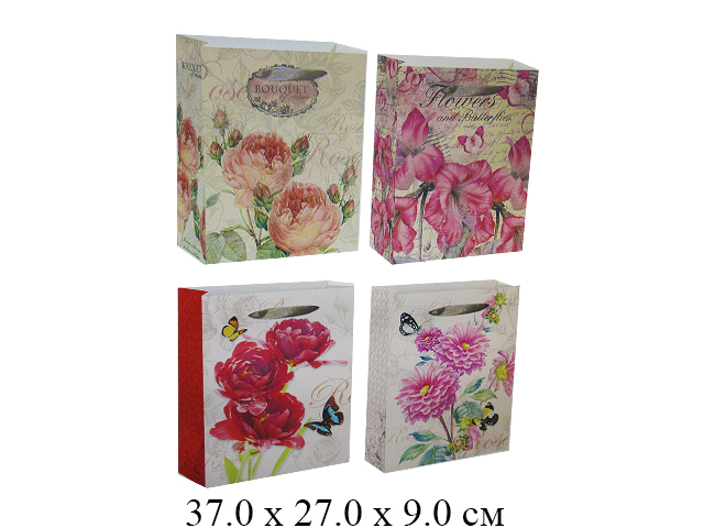 Пакет подарочный ЭКО  рис цветы 37 х 27 х 9 см (4 вида)