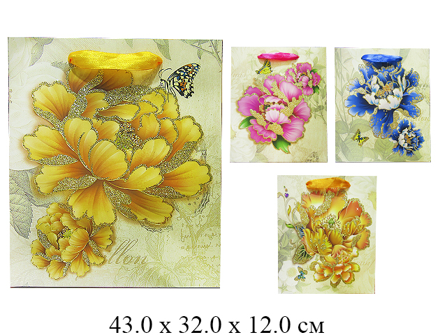 Пакет подарочный рис. цветы с бабочкой, с блестками (4 вида) 43 х 32 х 12 см