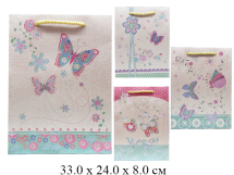 Пакет подарочный ЭКО рис. бабочки с блестками (4 вида) 33 х 24 х 8 см
