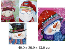 Пакет подарочный новогодний рис. Дед мороз, снеговик, корова (4 вида) 30 Х 40 Х 12 см. шелковые ручк