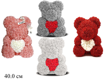Медведь  из роз с сердцем 40см 4 цв:белый,персик,серый,бордовый в пак.
