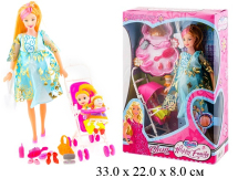 Кукла в РОЗОВОМ ПЛАТЬЕ беременная н/гнущ. + пупсик + коляска + аксесс.88076-1 в кор.