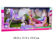 Карета с лошадью - единорогом с крыльями +2 шт.куклы гнущ.(принц,принцесса)в кор.68133
